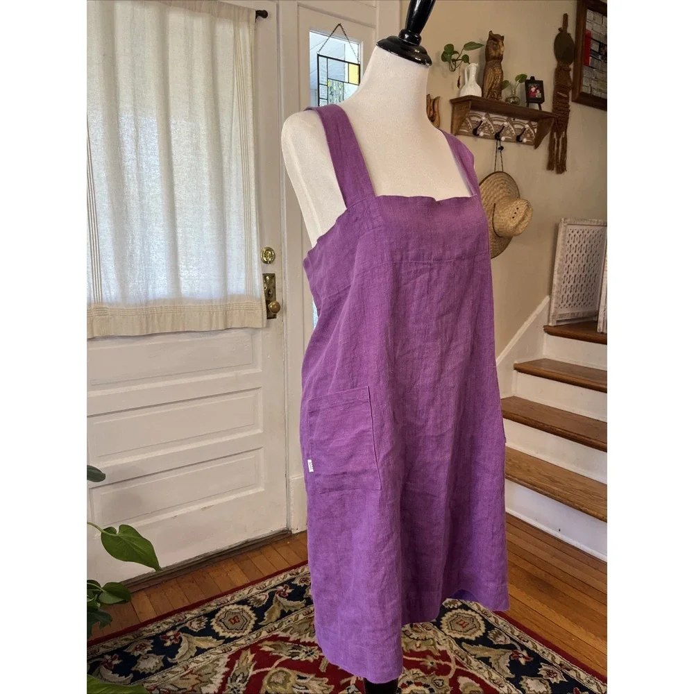 M&M 100% Linen Cross Back Smock Apron One Size Purple Molly Morris Design $100